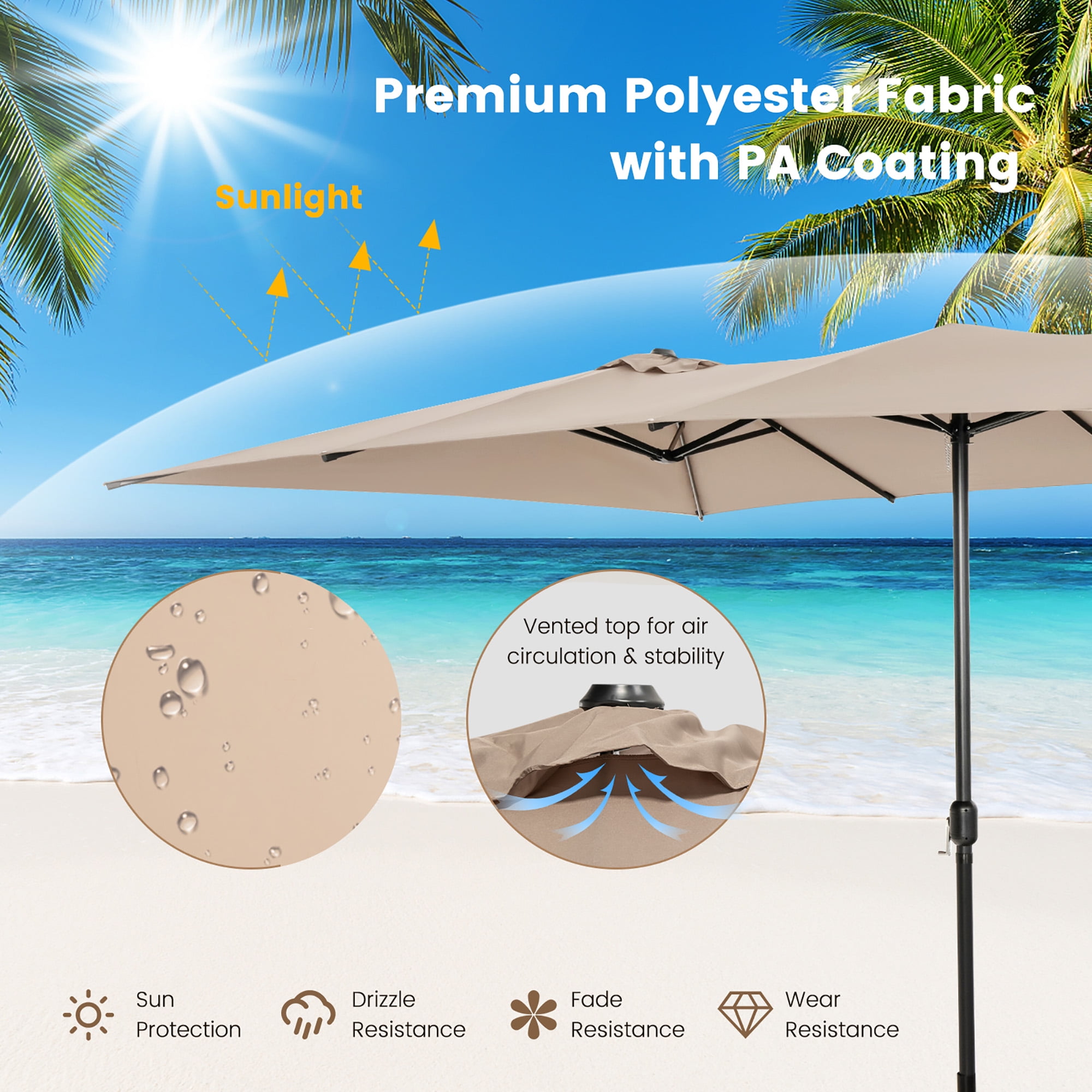 Costway 15FT Double-Sided Patio Market Umbrella Large Crank Handle Vented Outdoor Twin Coffee