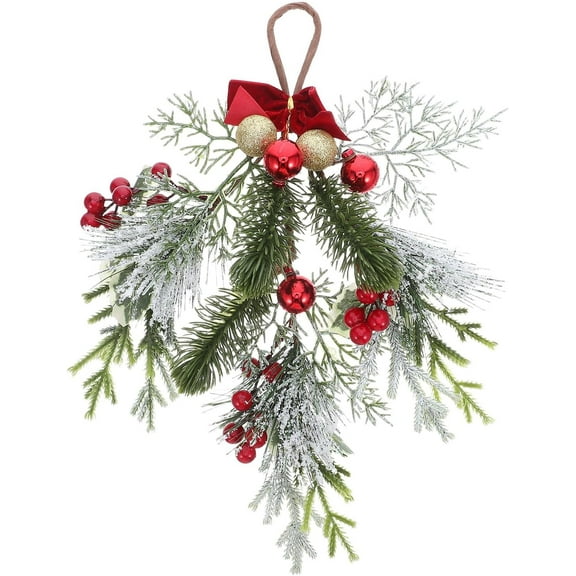 Grinzy Christmas Teardrop Wreath with Red Berries and Gold Ornaments, Hanging Front Door Swag Garland for Indoor and Outdoor Holiday Decor