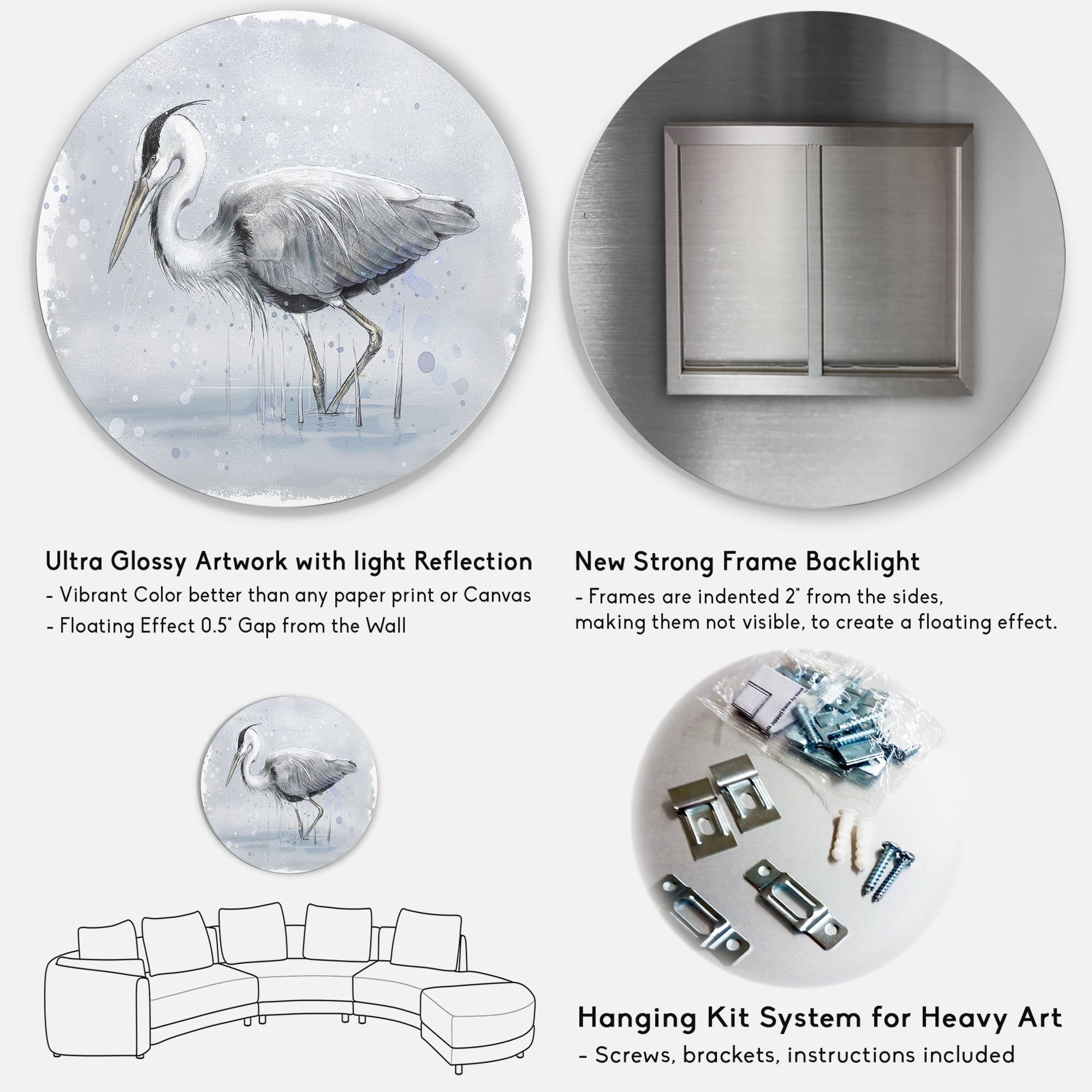 Designart 'Grey Heron Bird In Lake' Farmhouse Circle Metal Wall Art 11x11 - Disc of 11