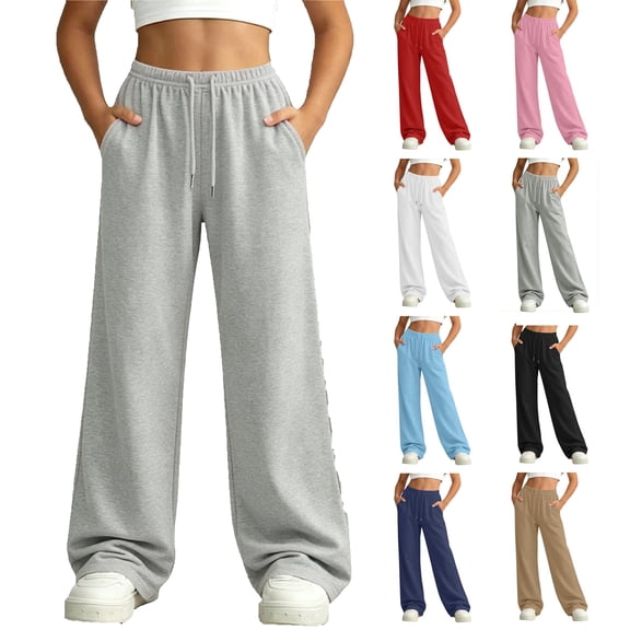 WAVSUF Girls Sweatpants Wide Leg with Pockets Elastic Waist Fall Casual Pants Gray 10-12