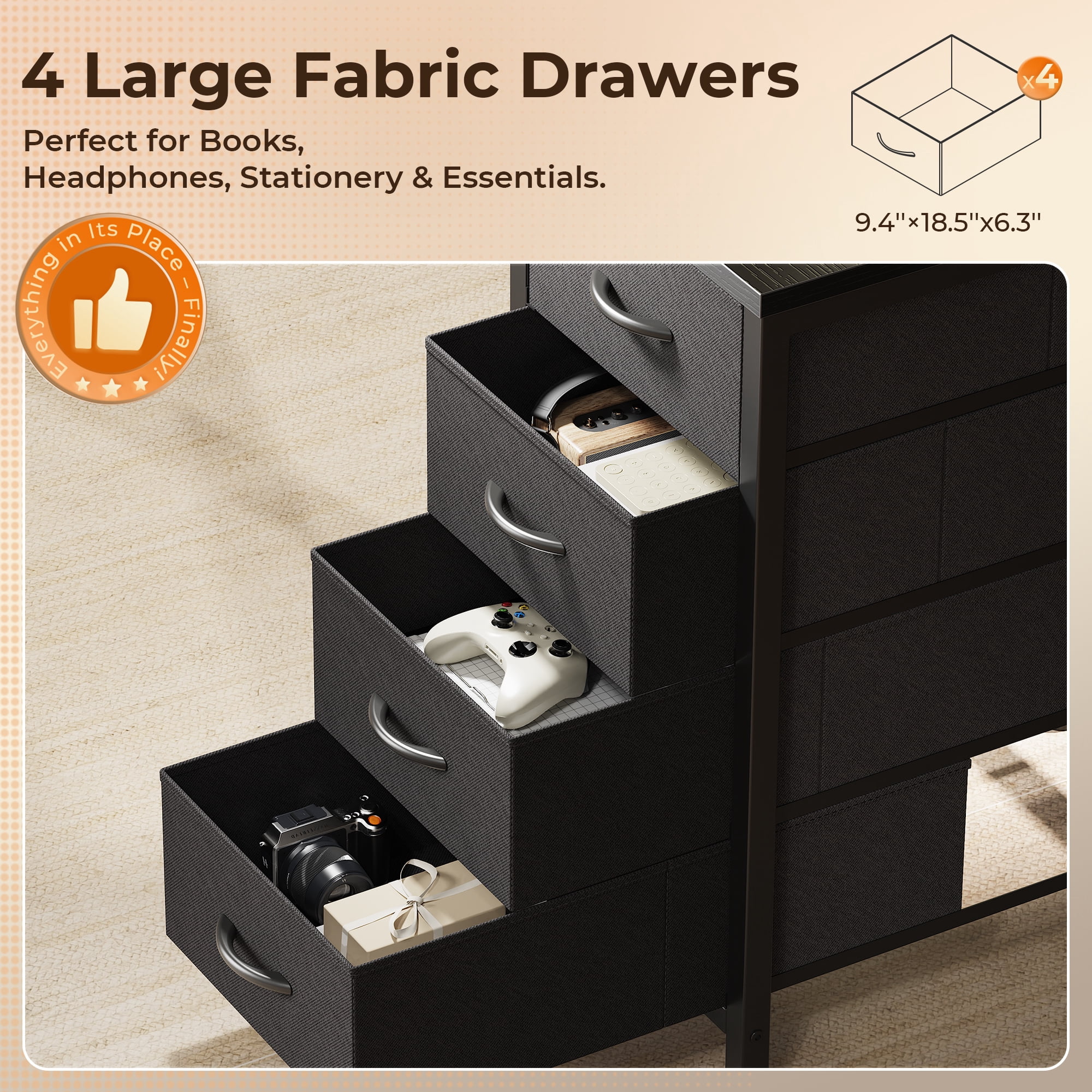 55 Inch L-Shaped Desk with Fabric Drawers, Reversible Home Office & Gaming Desk with Power Outlets, USB-C, and Adjustable Storage Shelves