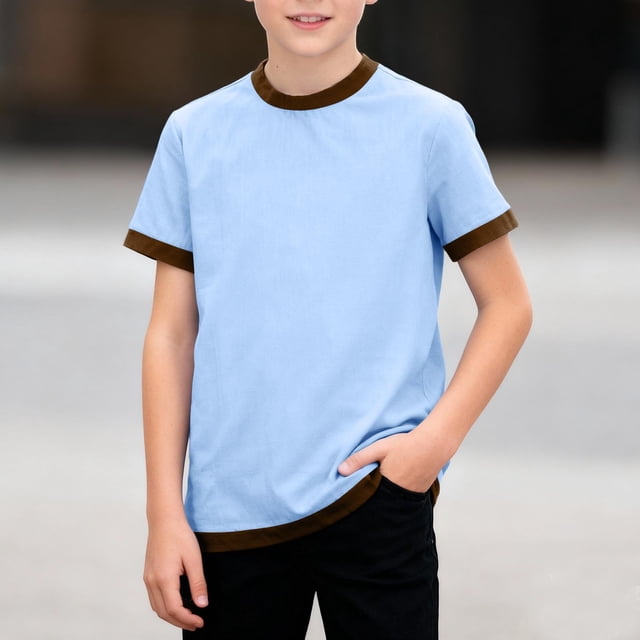 Camiseta informal de manga corta con cuello redondo y color liso para niños de 3 a 12 años