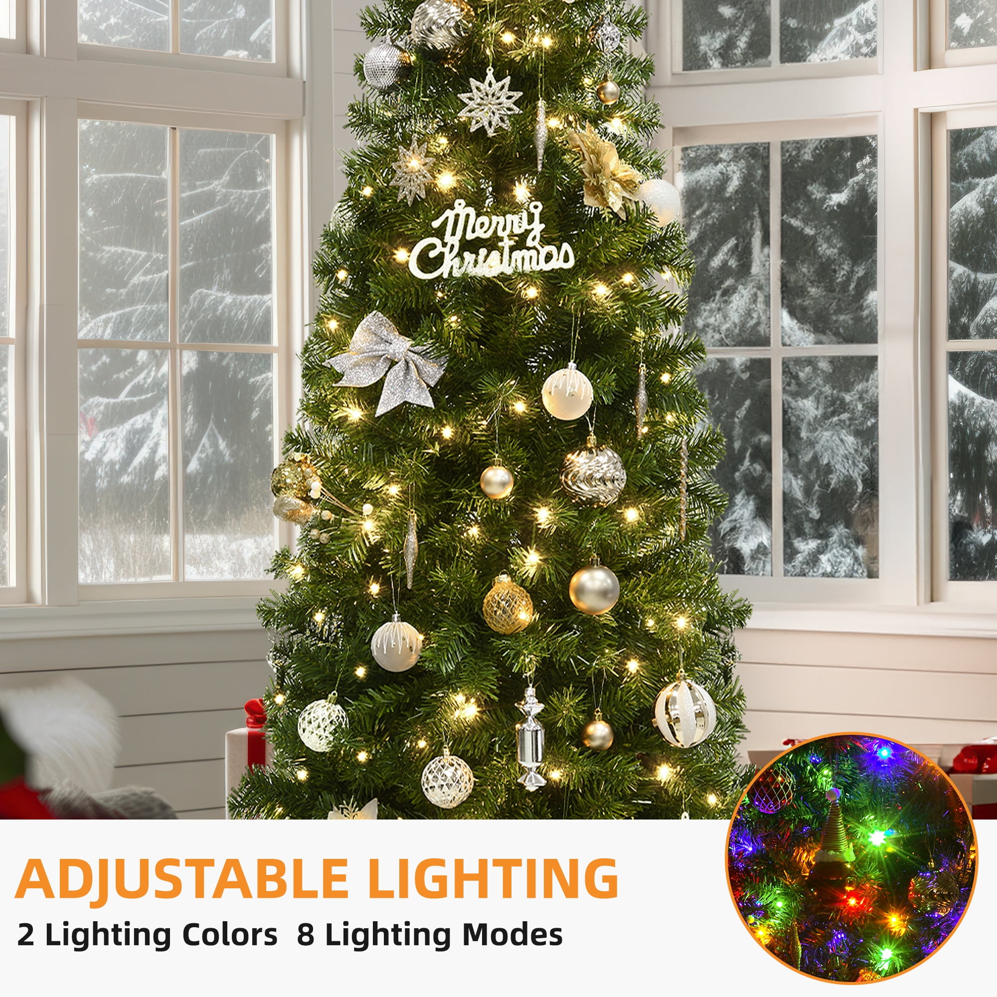 Uforic 7.5ft Pre-Lit Artificial Pencil Christmas Tree,Slim Fraser Fir Christmas Tree with 1000 Branch Tips and 350 Lights,Green