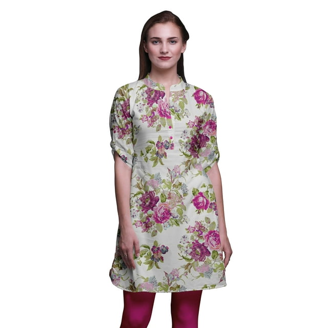 Bimba Roll Up Sleeve Kurti For Women Printed Mandarin Collar Short Kurti Tops