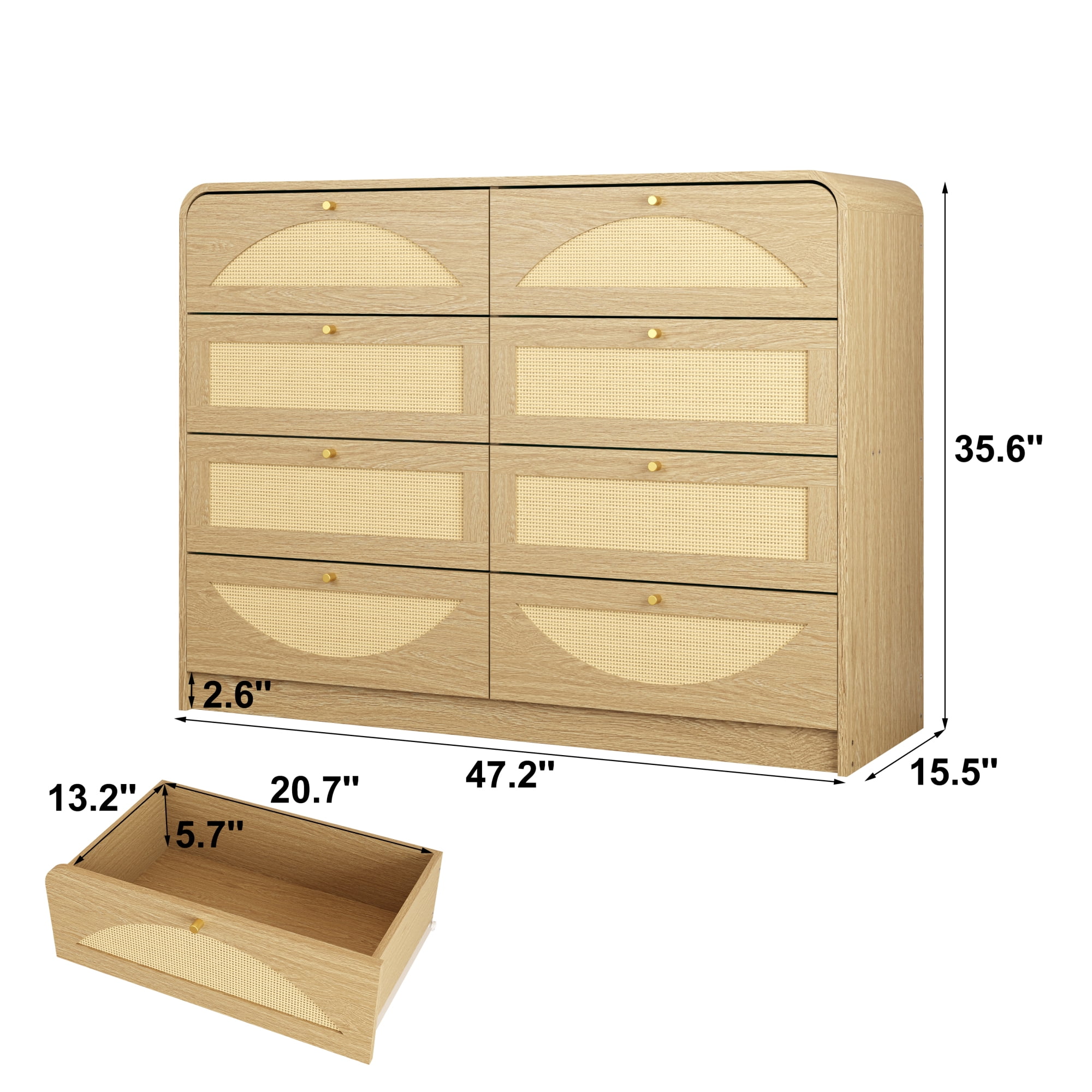 Leumius 8‑Drawer Dresser with Rattan Front, Wide Particle Board Chest of Drawers, Modern Wooden Storage Cabinet for Bedroom Living Room Natural