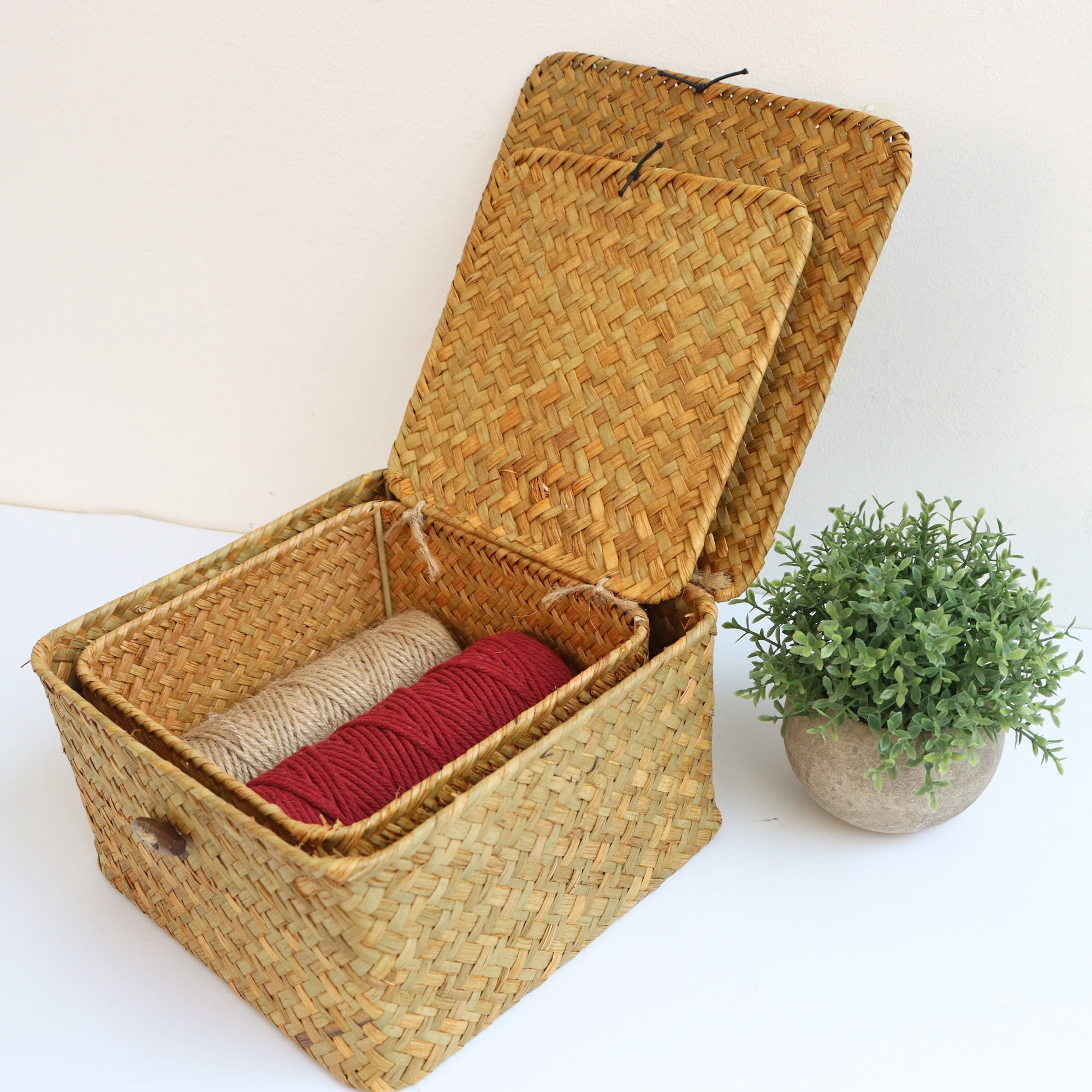 BlueMake 4Pcs Wicker Storage Baskets with Lids Seagrass Woven Baskets for Shelves Stackable Storage Boxes for Organizing Rattan Bins - Natural