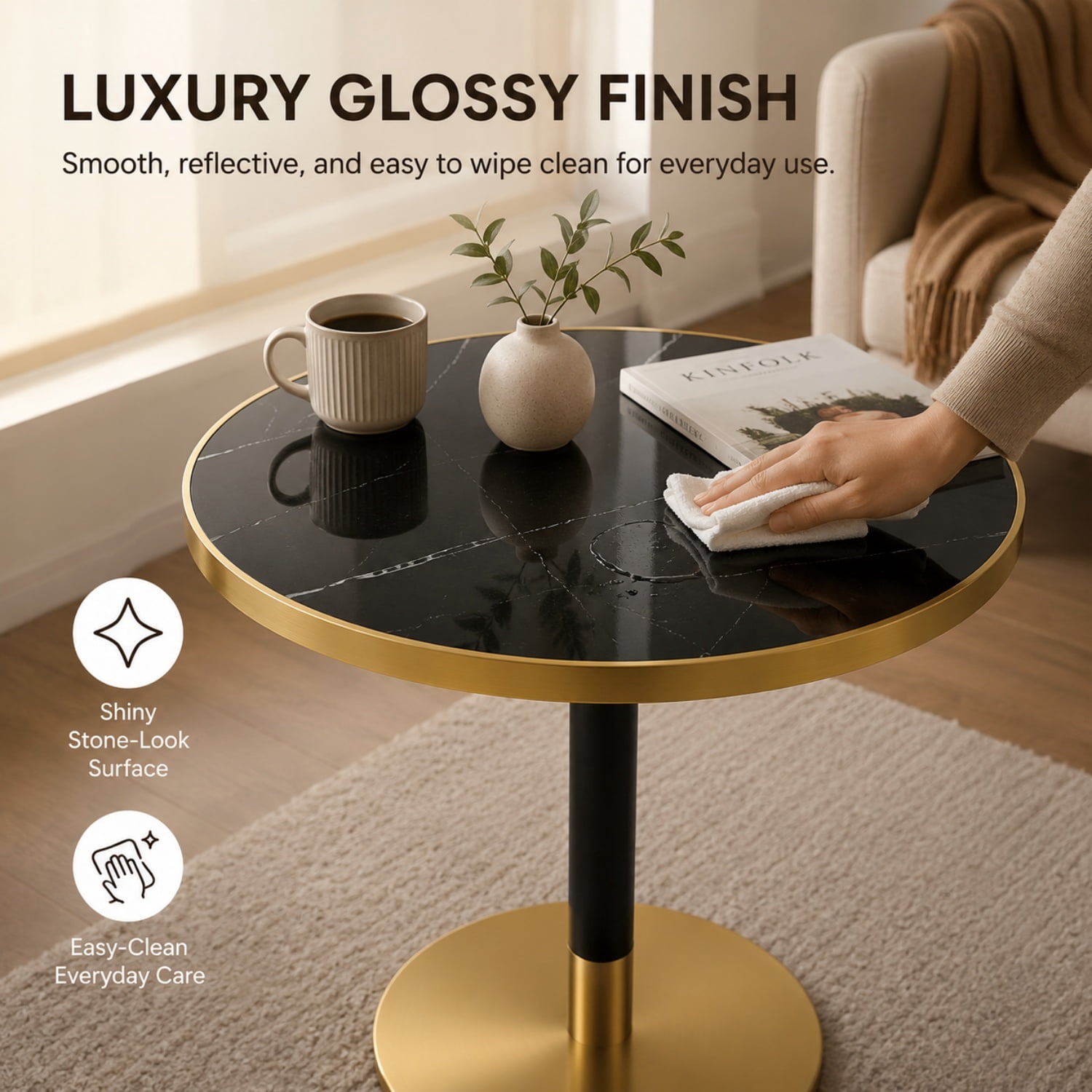 Miniyam 31.5 in. Round Tulip Dining Table for 2-4, Glossy Stone-Look Pedestal Table for Kitchen or Small Spaces, Black