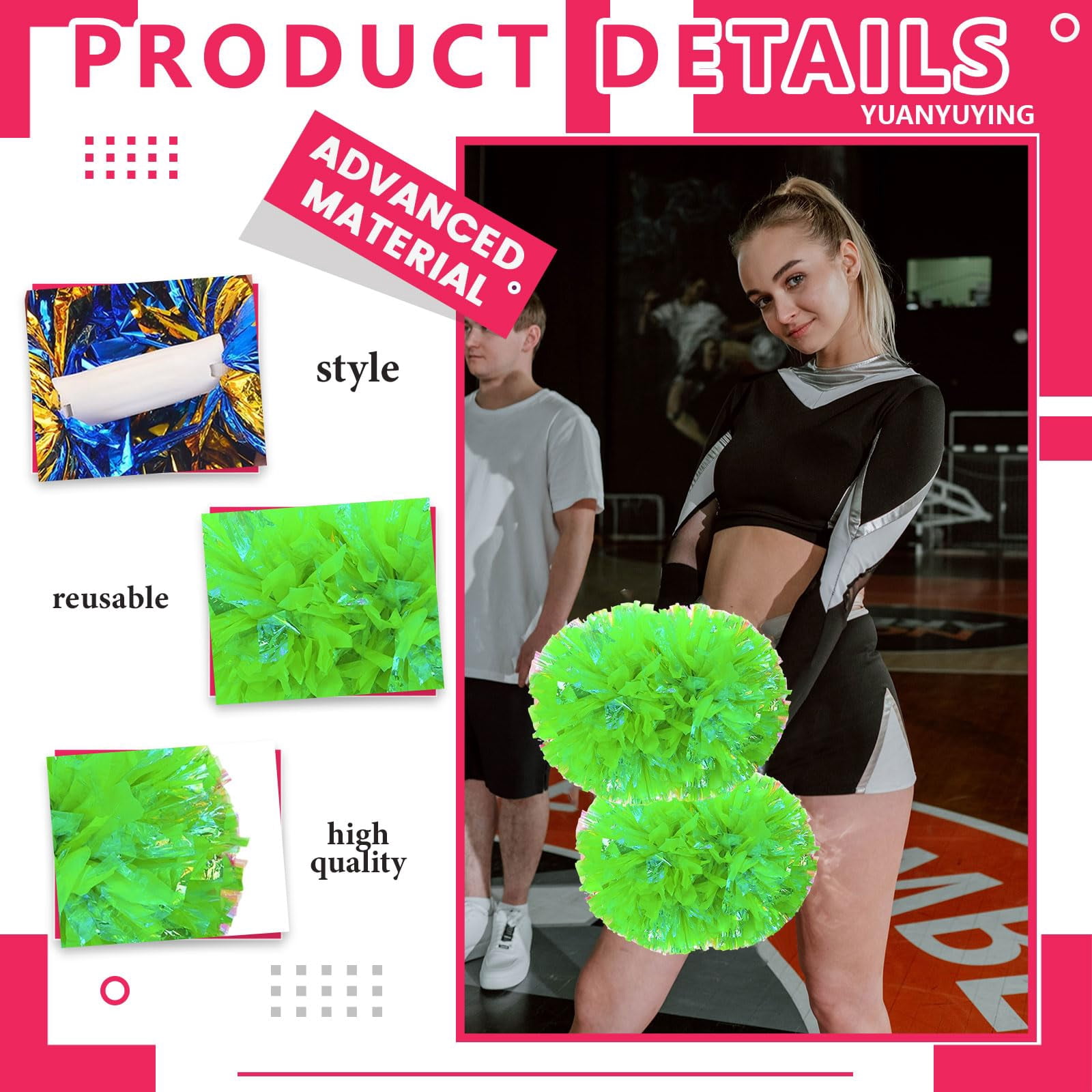 Cheerleading Pom Poms 14 Pcs with Handle Style, Handheld Squad Pompoms for Sports Team Cheer Spirit Games Dance Party Adults