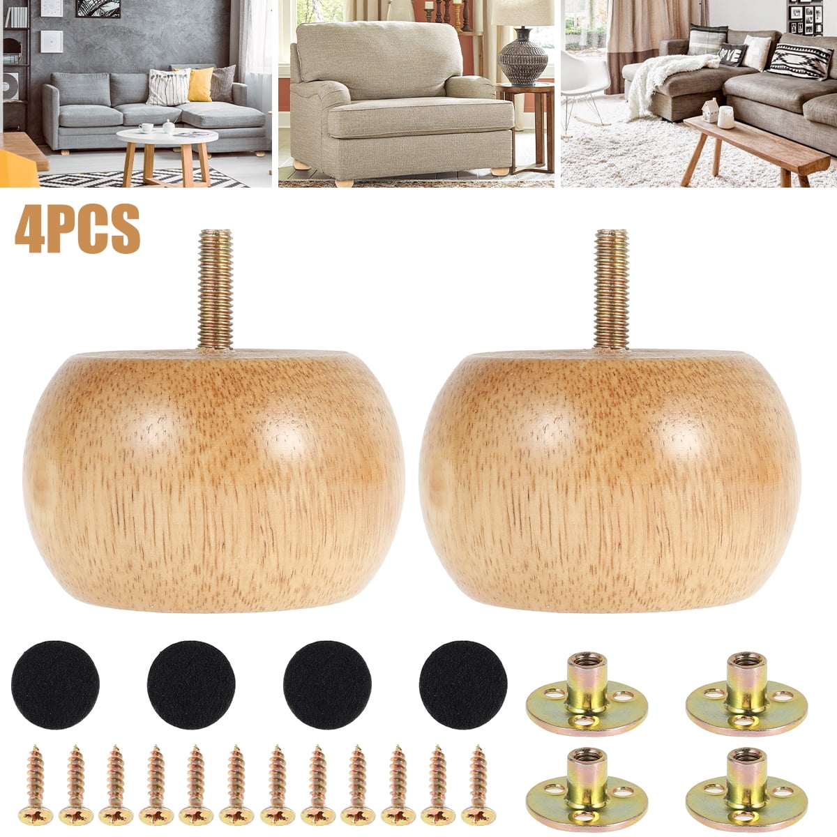 6-Inch Wooden Furniture Legs, Pack Of 4 - Solid Eucalyptus DIY Replacement Feet With T-Nuts For Sofa Table Cabinet