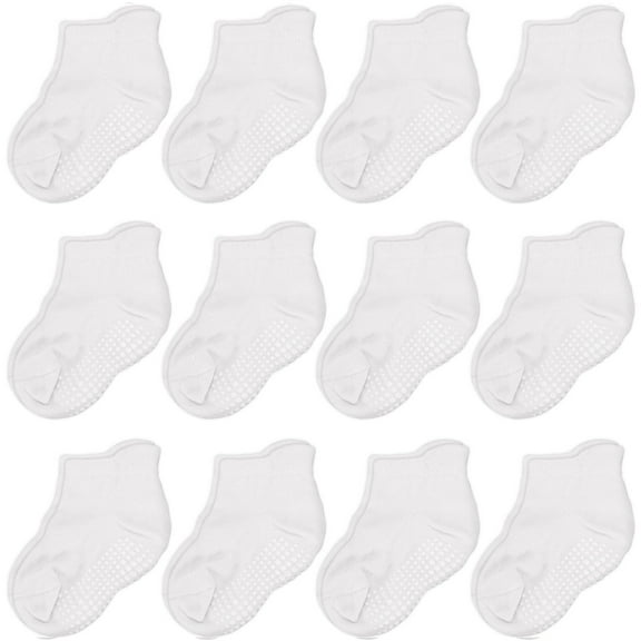 CozyWay Toddler Socks with Grippers - Non-Slip Cotton Grip Pads & Kids Grippy Socks - Easy On & Off Heel Tab & Snug Toddler Fit - 3T-5T, Ankle, 12-Pack, White