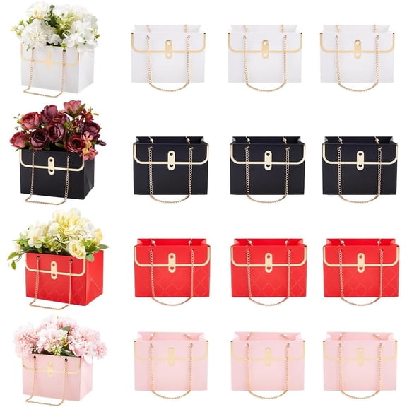 12Pcs 4 Colors Flower Paper Gift Boxes Bouquet Handbag Box Storage Bucket Rectangle Wrapping Basket with Metal Chain Florist Supplies for Flowers Packaging Birthday Wedding Valentine's Day DIY