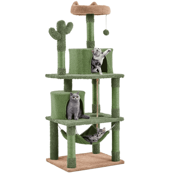 Alden Design 62.5″ H Cactus Cat Tree with Padded Perch for Medium-sized Cats, Green/Brown