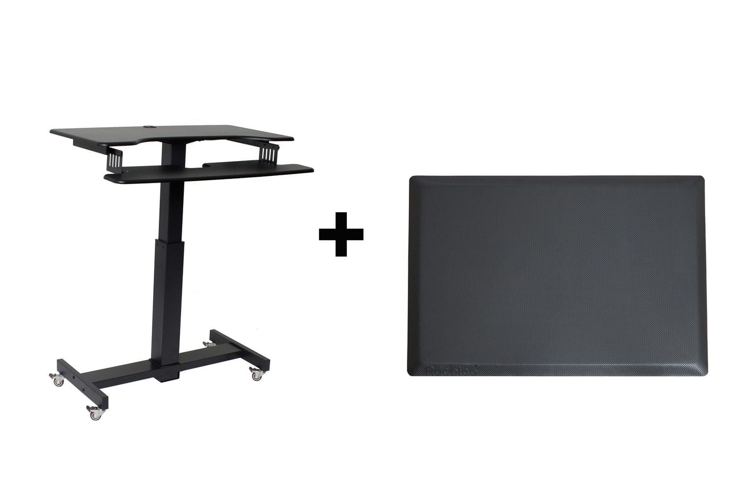 Rocelco Bureau debout mobile réglable en hauteur de 40 po - Support assis pour bureau à domicile pour ordinateur d'école avec tapis anti-fatigue - Ressort à gaz pour plateau de clavier à deux écrans (