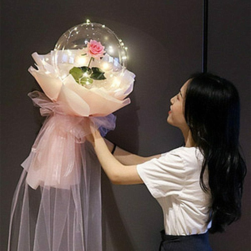 Doolland 1Pcs Light Up Bobo Balloons with Rose Bouquet Wedding Transparent Light Ball Set Glow Bubble Balloons for Valentine's Day Party Decor DIY
