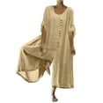 thumbnail image 2 of JURANMO Women's Baggy Plus Size Cotton Linen Jumpsuits,2024 Fall Winter Women Casual Solid Color Trendy Button Down Half Sleeve Suit Classic Round Neck Romper Long Playsuit Wide Leg Jumpsuit, 2 of 6