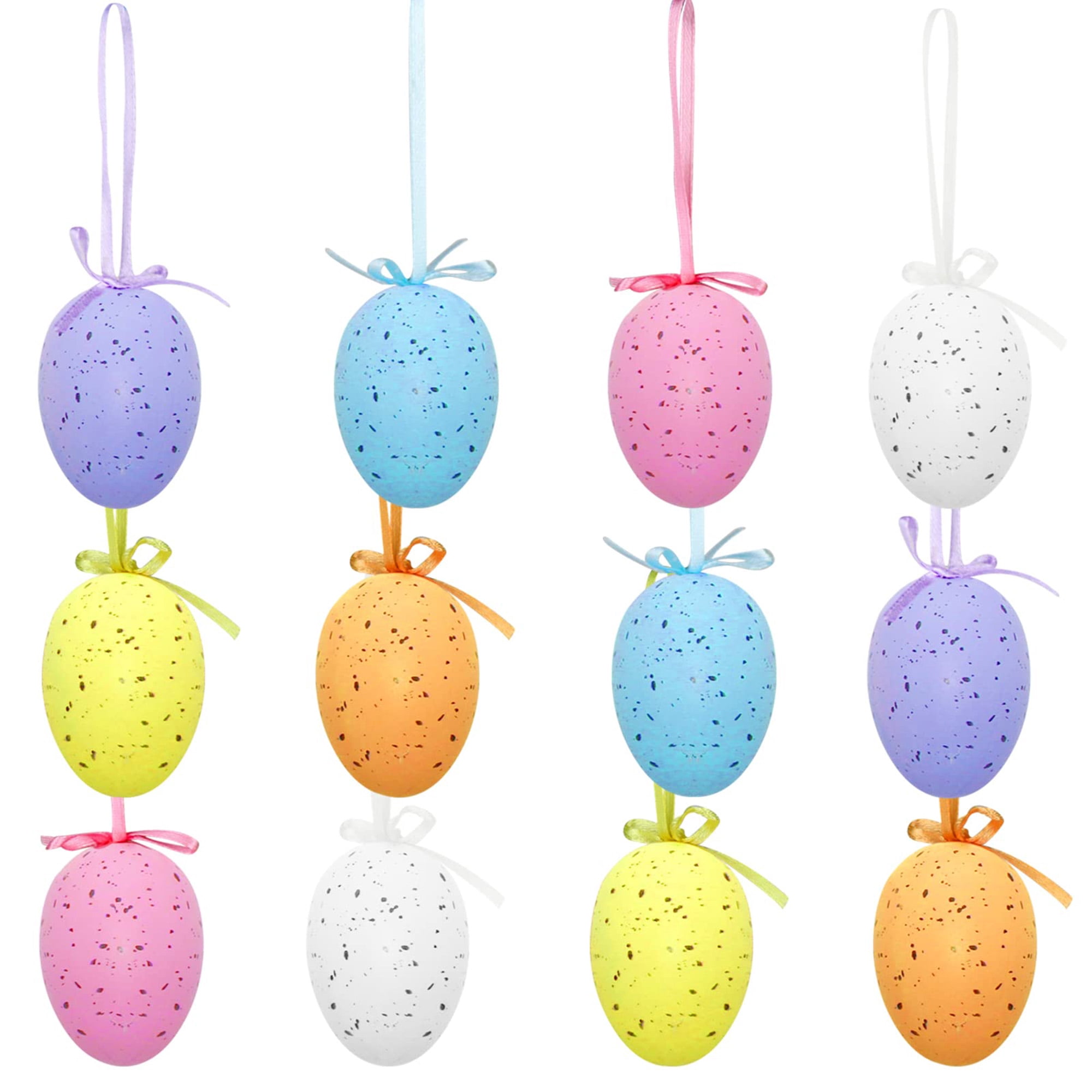 12 colorful plastic Easter eggs with dots. Perfect for hanging, basket stuffers, tree ornaments. Spring party favors for indoor/outdoor decor. Multicolor.