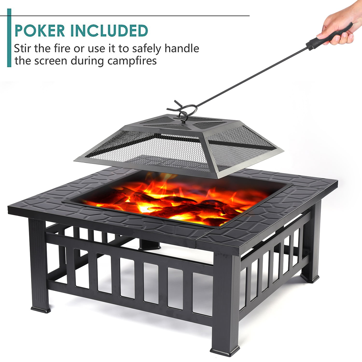 32" Deck Fire Pit for Outside, Premium Square Steel Fire Pit w/Mesh Screen Lid, Metal Fire Pit w/Poker, Multifunctional Heater/Grill/Ice Pit for Backyard Patio Garden BBQ Grill, S7044