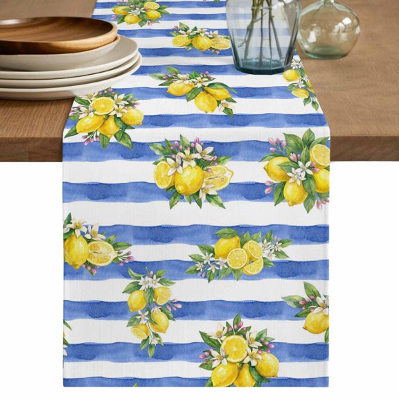Summer Lemons Table Runner 72 Inches, Modern Watercolor Fruit Flowers Blue Striped Bed Runner Dresser Scarves Tabletop for Indoor Outdoor Parties/Ceremony/Banquet, 14" x 72"