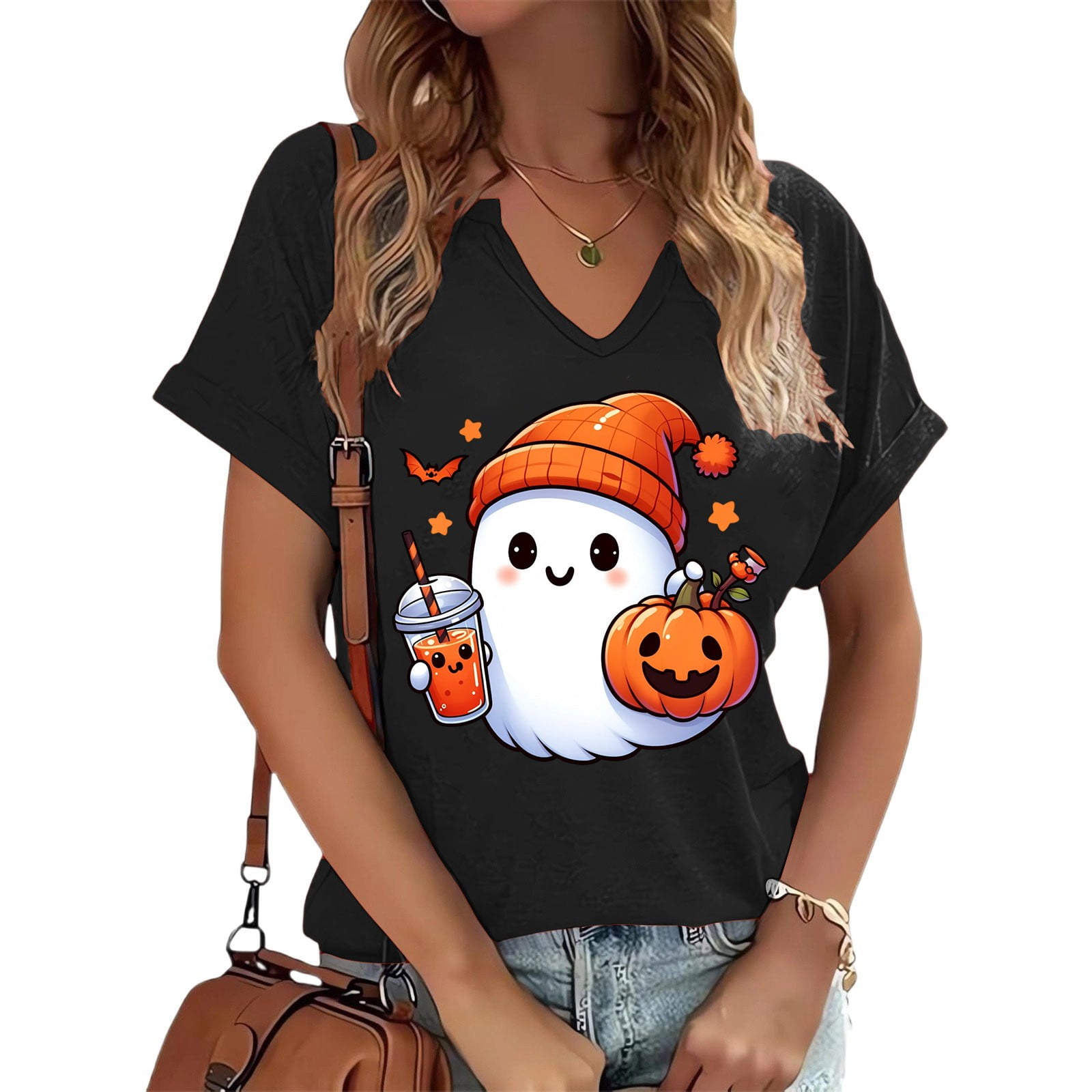 EliteGoogv Graphic T Shirts For Women V Neck Halloween Print Relaxed Fit Womens T Shirts Short Sleeve Summer Tops Casual Tees Blouse Shirt Black 3XL