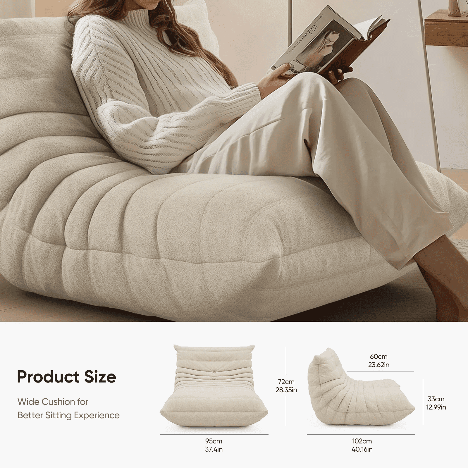 Raffle Pinker Bean Bag Chair for Adults, Comfy Fireside Chair Bean Bag Sofa with Memory Foam, Large Lazy Sofa for Living Room Bedroom Office, White