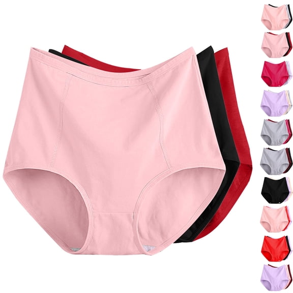 3PC Women's Soft Underwear Double Support Stretch Brief Panties Underwear for Women Plus Size Solid Color High Waist Leak Proof Cotton Underwear Breathable Panties Period Underwear XL-6XL