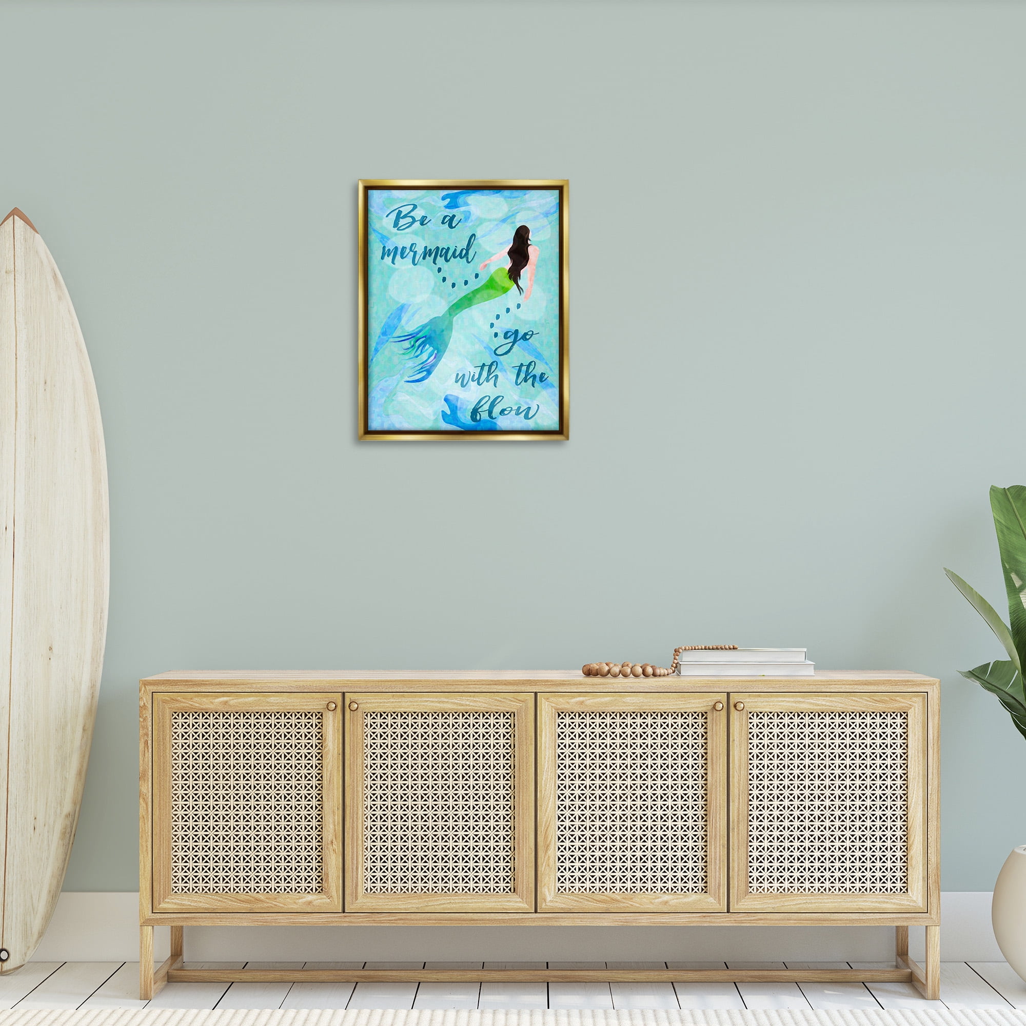 Stupell Industries Go With Flow Mermaid Abstract Painting Gold Floater Framed Canvas Art Print Wall Art, 25 x 31