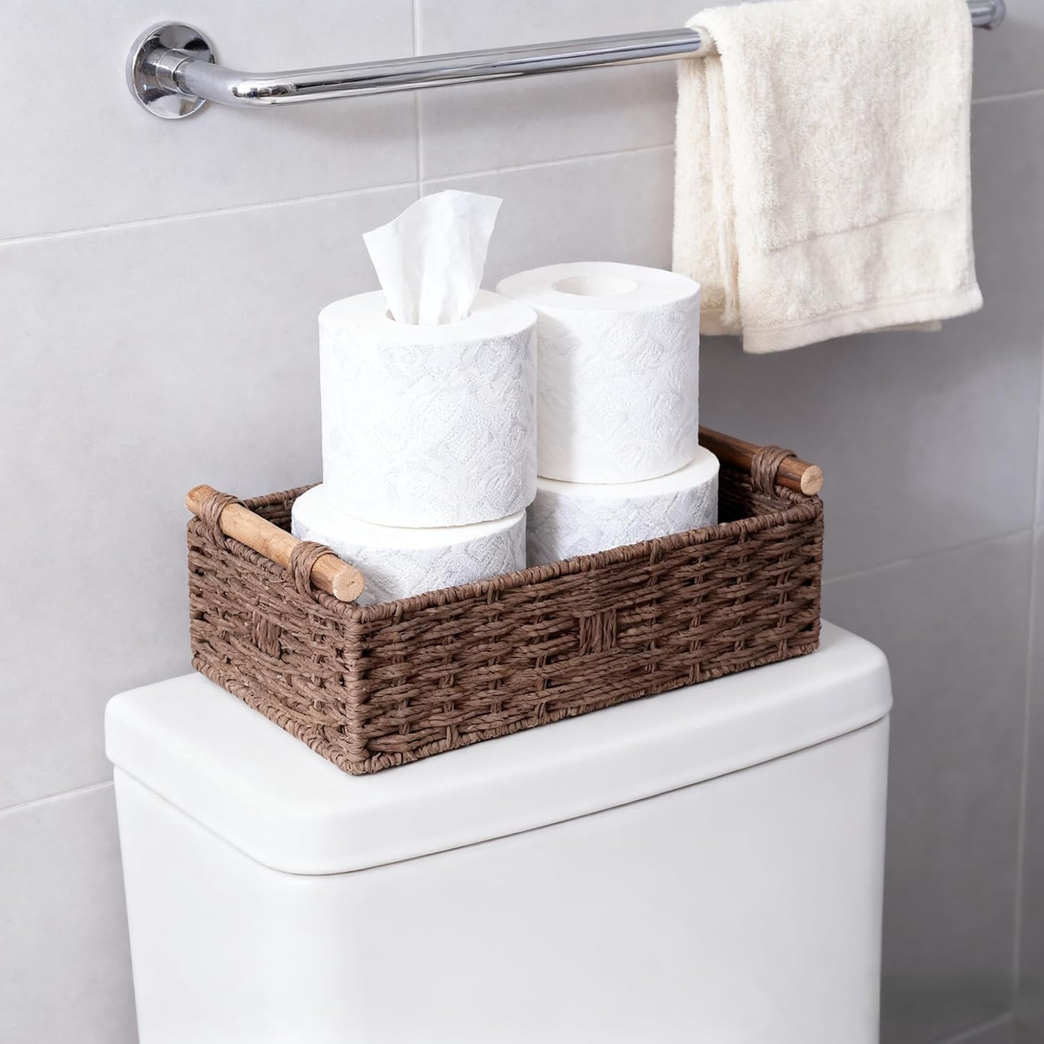 RGHJAR-Back of Toilet Basket with Wood Handles, Brown Wicker Toilet Paper Basket for Toilet Tank Top, Narrow Toilet Tank Basket, Bathroom Basket Organizer for Wipes & Essentials