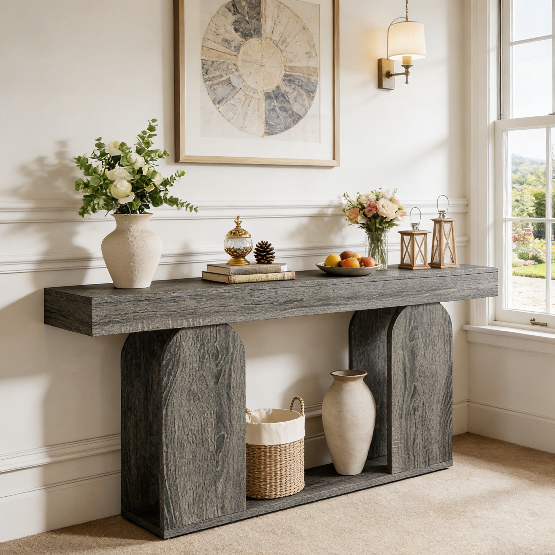 Fnova 70.87" Farmhouse Console Table for Entryway, 2-Tier Storage Long Narrow Wood Entryway Table, Easy Assembly, Gray