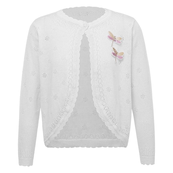 Alvivi Girls Long Sleeve Flower Ruffle One Button Knit Sweater Bolero Cardigan Shrug Dress Cover Up Dragonfly White 2-3