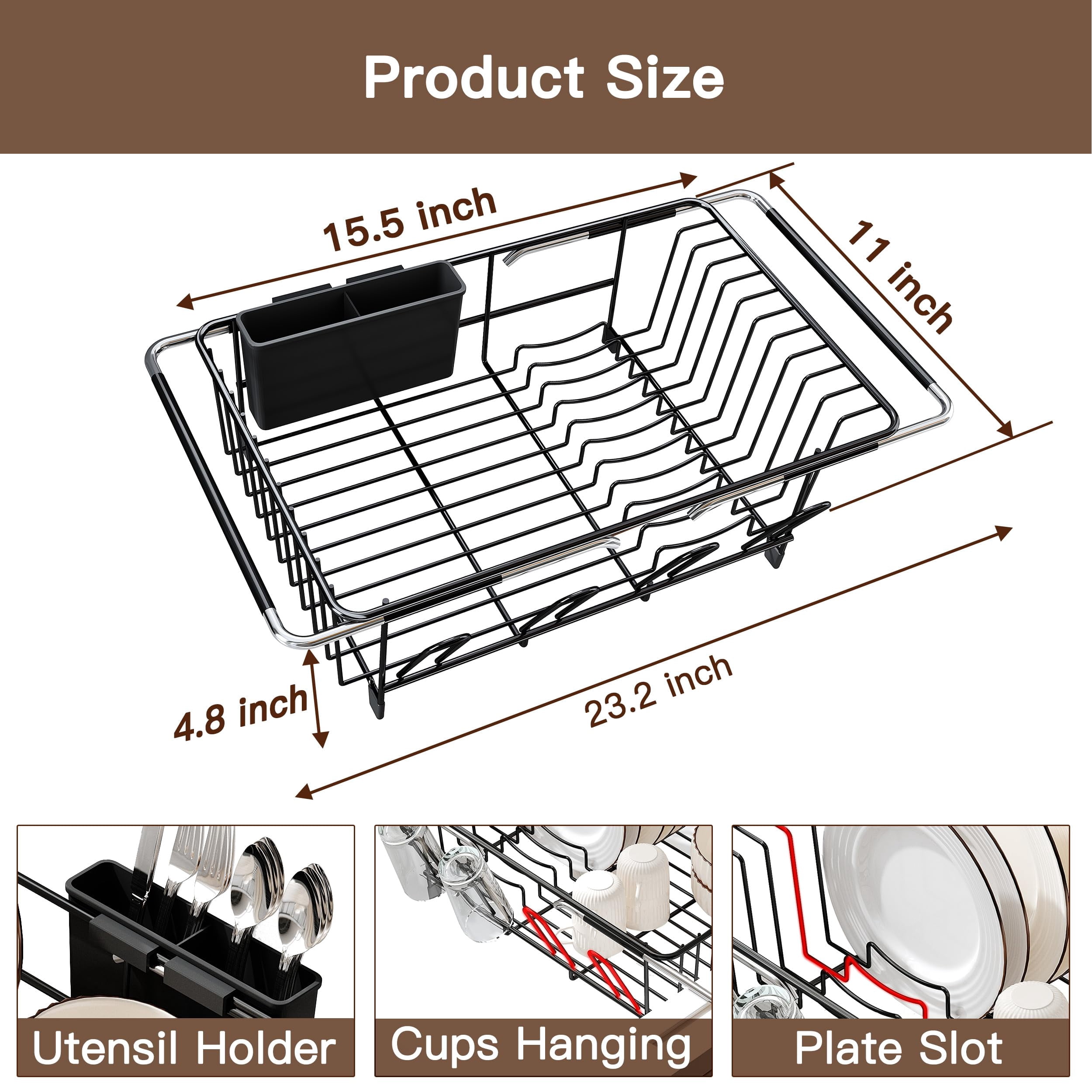 Expandable Dish Drying Rack, Black, Stainless Steel, Over/In Sink, For Small Kitchens