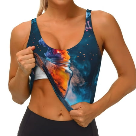 Qokaie Modern Art Red And Blue Colors Pattern Womens Scoop Neck Sports Bra Breathable Workout Vest Padded U Back Medium Impact Fitness Gym Yoga Bra Workout Crop Top
