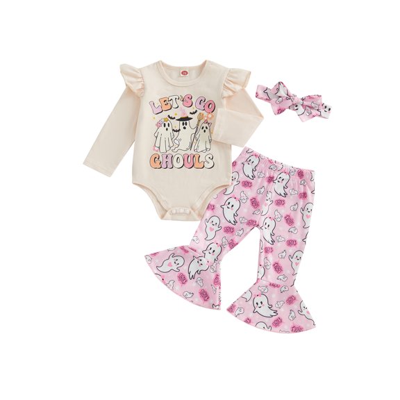 Baby Toddler Girl Halloween Outfits 0 3 6 12 18 Months Letter Print Long Sleeve Romper with Pumpkin/Ghost Pattern Flare Pants and Headband