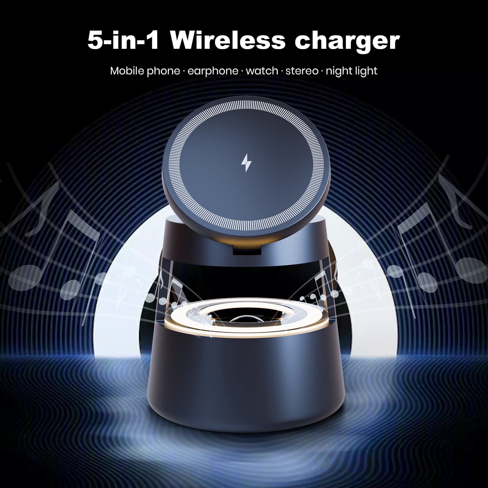 5 in 1 Wireless Magnetic Charging Station for iPhone 16 15 14 13 12 11 8 X XR SE, for AirPods, 18W Fast Charger for iWatch Series, Bluetooth Speaker Night with 3 Level Light