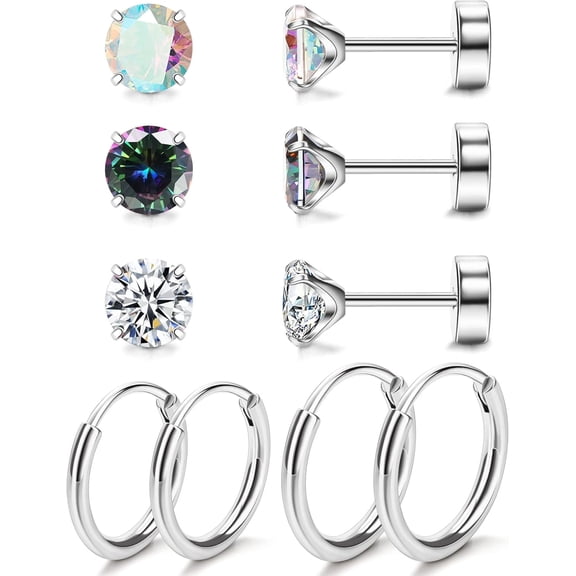 5 Pairs G23 Titanium Flat Back Earrings for Women & Men with Sensitive Ears – Hypoallergenic 20G Studs & Hoops with CZ, Opal, Pearl Designs for Cartilage