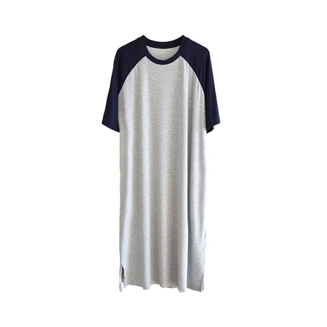 pitrice Chemise de Nuit Homme Coton Raglan Vêtement de Nuit Léger Robe de Pyjama Respirante Col Rond Chemise de Nuit à Empiècements Bleu Foncé/gris Clair TTTG