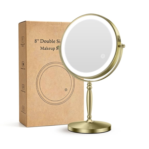 GALAPROX 8'' Makeup Mirror with Lights, 1X/10X Magnifying Tabletop Mirror-Brass Gold