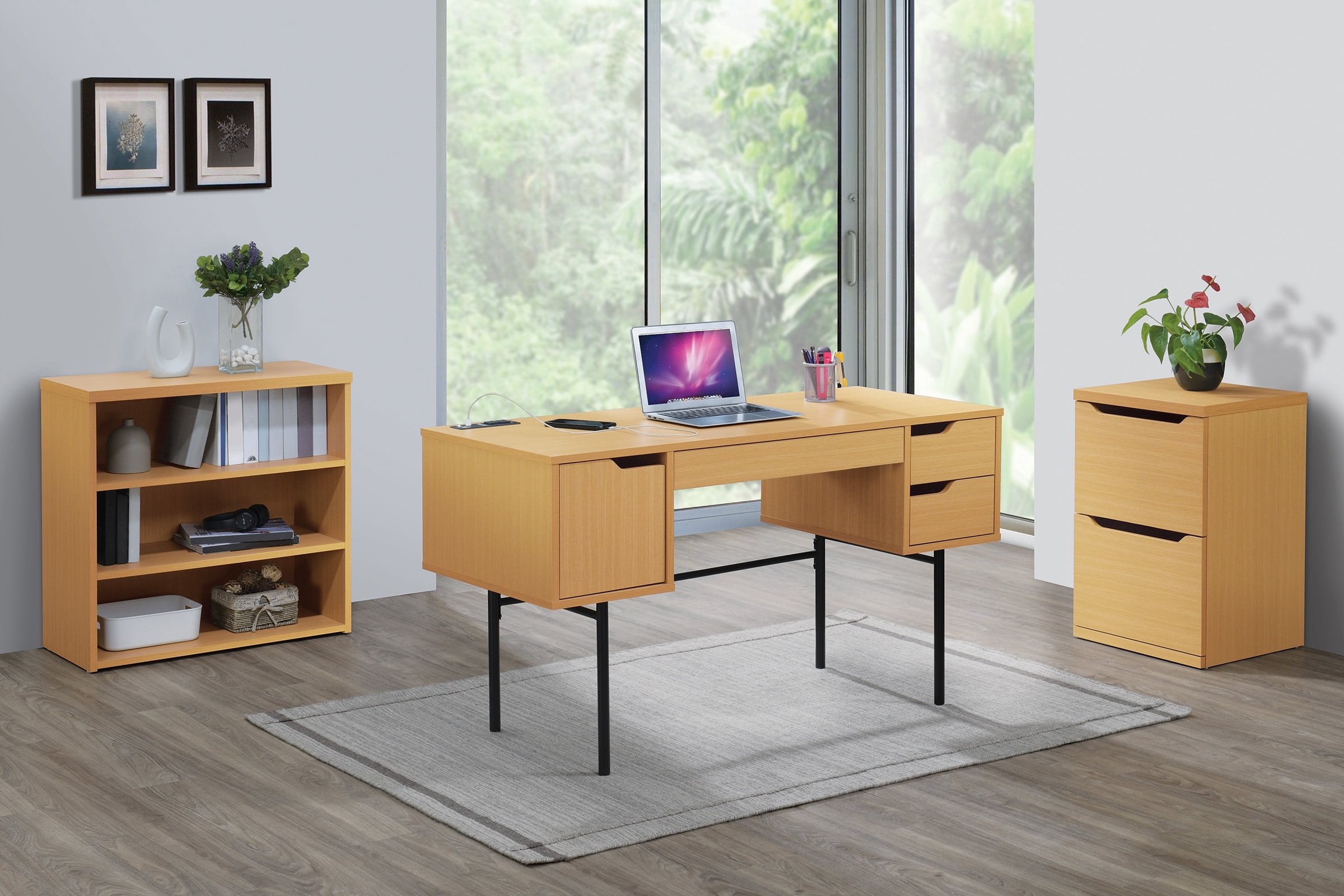 Denmark Engineered Wood Executive Desk with Power in Natural Finish
