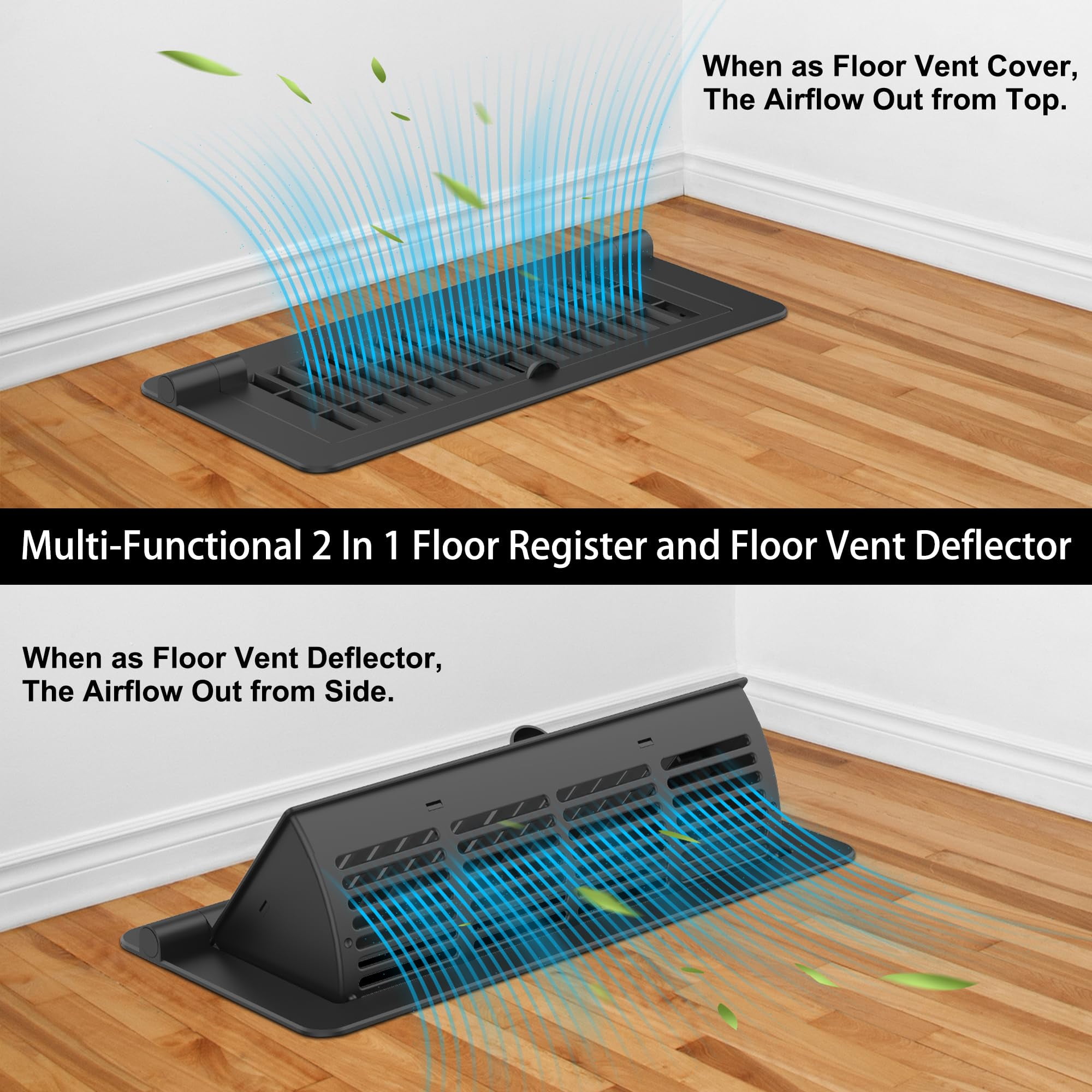 2Pack 2-in-1 Vent Deflectors & Floor Vent Covers, Adjustable Floor Register 4x10, Air Vent Deflector for Home Floor, Office, Ceiling, Tool-Free Install, Black,