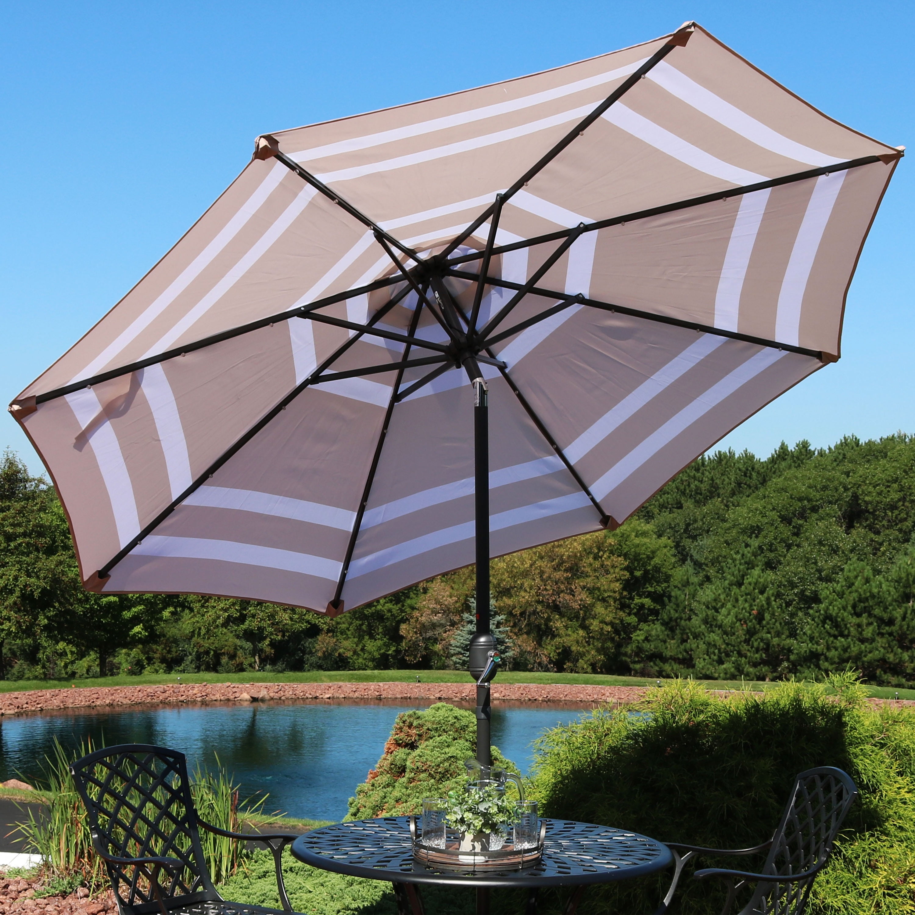 Sunnydaze 9 Foot Outdoor Patio Umbrella With Solar Lights Tilt Crank Led Awning Stripe Walmart Com Walmart Com