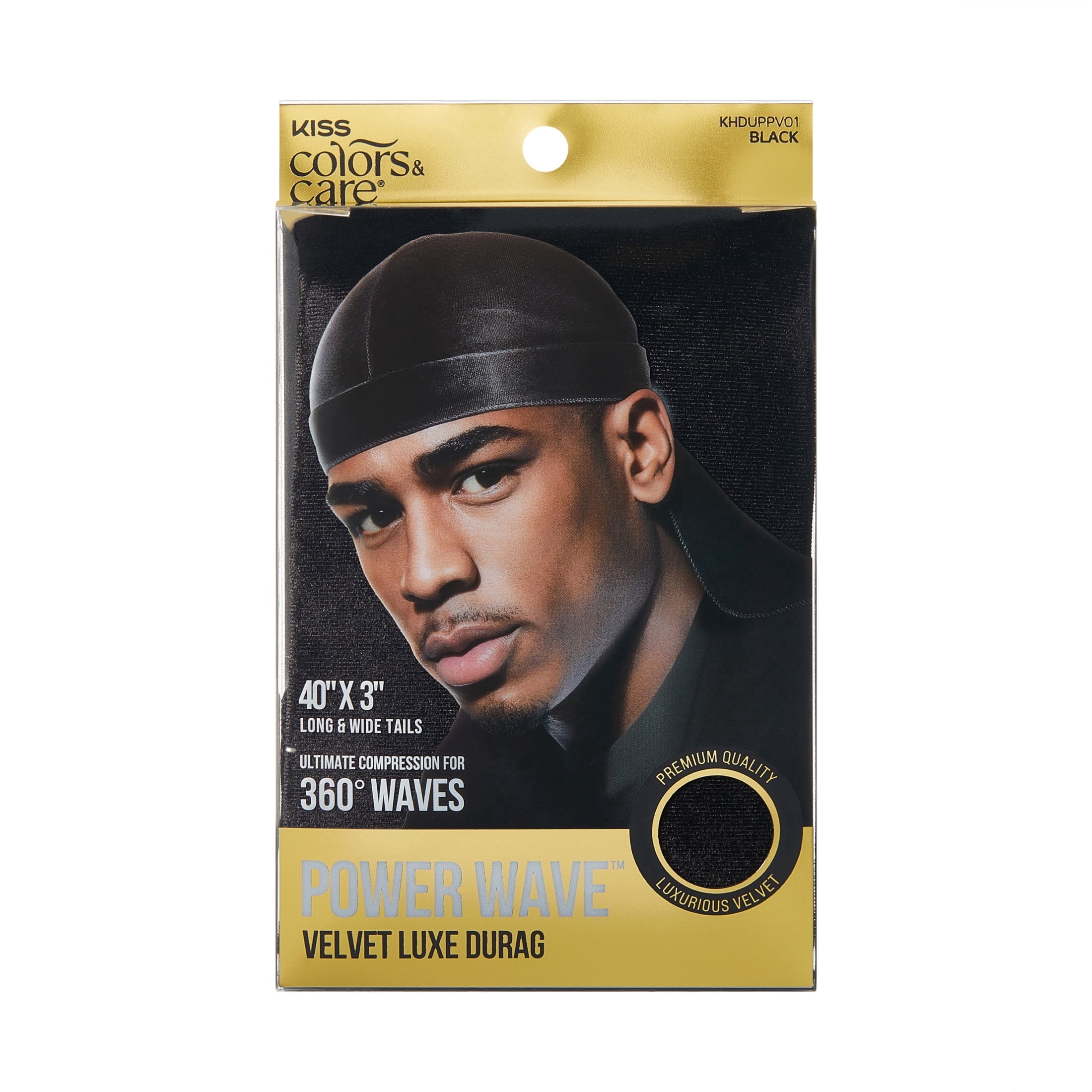 (1 pack) Kiss Colors & Care Premium Quality Power Wave Velvet Luxe Durag – Black