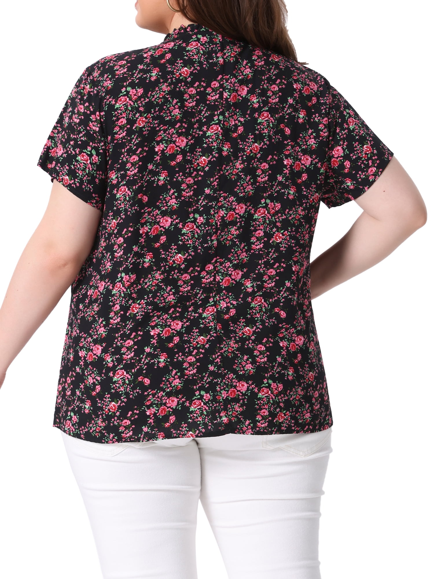 DARING DIVA Women's Plus Size Tie Neck Short Sleeve Pleated Floral Tops 3X Black Red
