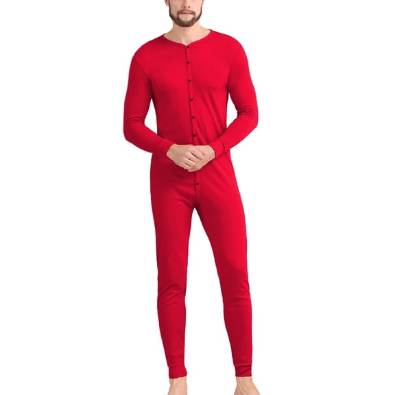 MAYFISH Men's Cotton Thermal Underwear Union Suits Henley Onesies Base Layer (Red, L)
