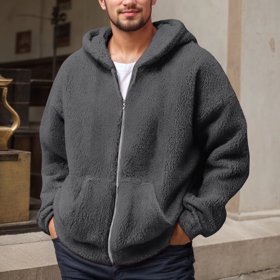 Mens Fuzzy Sherpa Jacket Fleece Long Sleeve Full-Zip Hooded Jacket Coats (Dark Gray M)