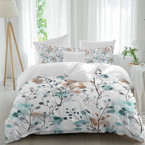 Vintage Teal Duvet Cover Set California King Size Brown Wildflowers Leaves Abstract Botanical Soft Lightweight Comforter Covers 4 Piece Bedding Set with 1 Duvet Cover 1 Bed Sheet & 2 Pillow Shams