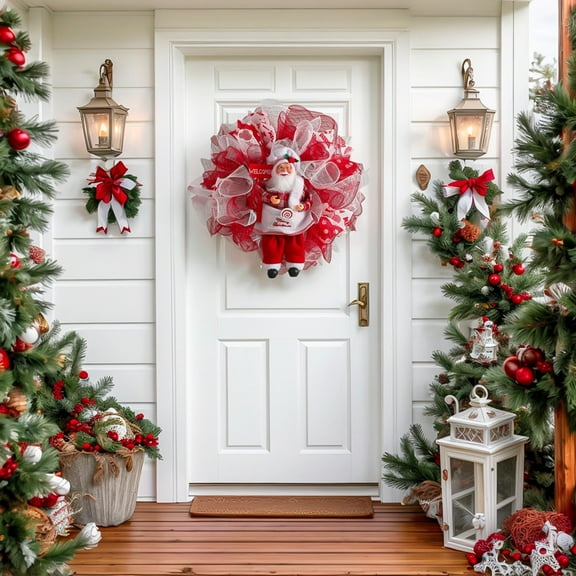 Santa Wreath Christmas Wreath with Plush Santa, Artificial Xmas Hanging Garland, Rustic Holiday Decoration for Front Door, Wall & Home