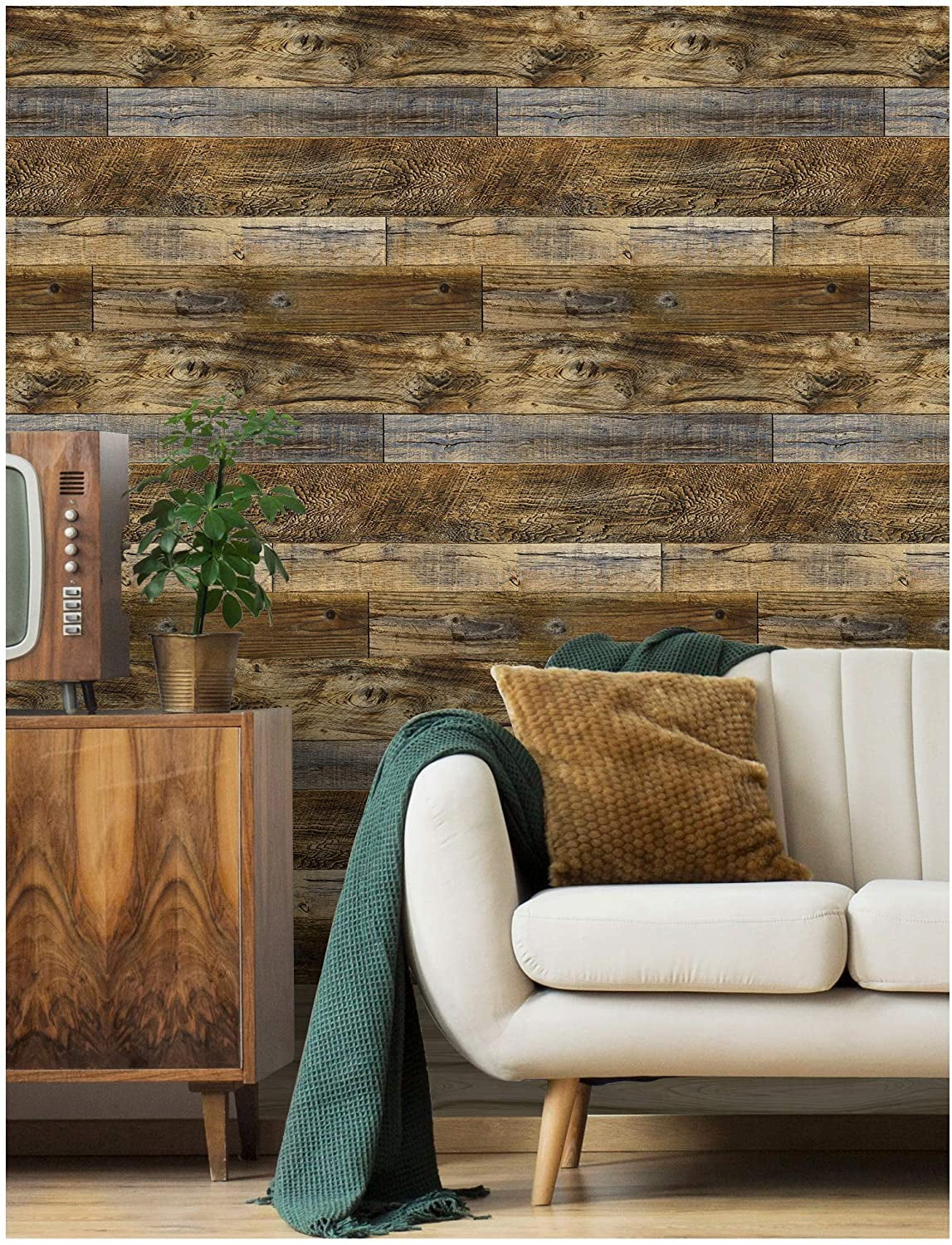 Peel and Stick Wood Plank Wallpaper Shiplap 17.7"x 19.7ft Brown