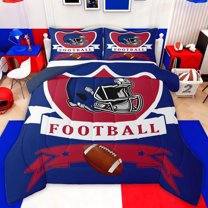 jejeloiu Blue Football Helmet Queen Comforter Set,Rugby Ball Games Bedding Comforter Set For Boys Teens Reversible 3 Pieces