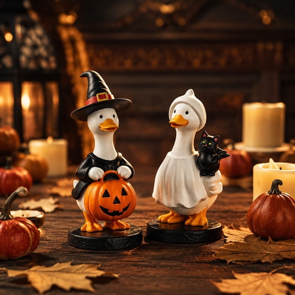 Halloween Resin Goose Figurine Set, Spooky Statue Ornaments with Witch Hats, Pumpkins, Ghosts and Black Cats, Cute Cartoon Style for Porch, Yard, Home Seasonal Holiday Party Decor, Multicolor