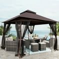 thumbnail image 2 of Gazebo with Netting, 10 x 10ft Patio Canopy Tent With Double Roof And Detachable Mosquito Net, Gazebos and Canopies for Lawn Garden Backyard and Deck, Brown, 2 of 8