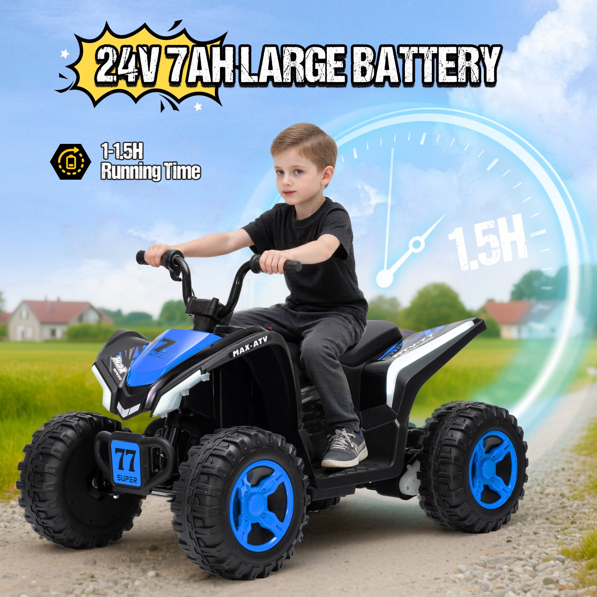 Kids ATV 4 Wheeler, Two Seater 24V Ride On Toy for Big Kid w/Unique LED Light, Music, Wireless, Story, 24 Volt Ride on Car Electric Quad for Boys Girls, Blue